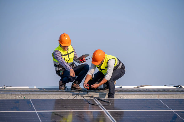Two workers installing solar panels on a roof with a clear blue sky.